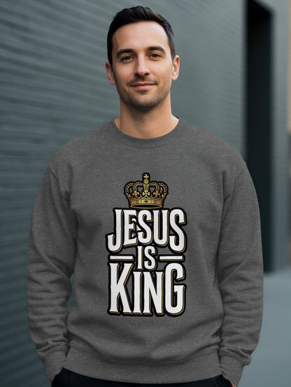 Dark grey sweatshirt with "Jesus is King" text and crown graphic.