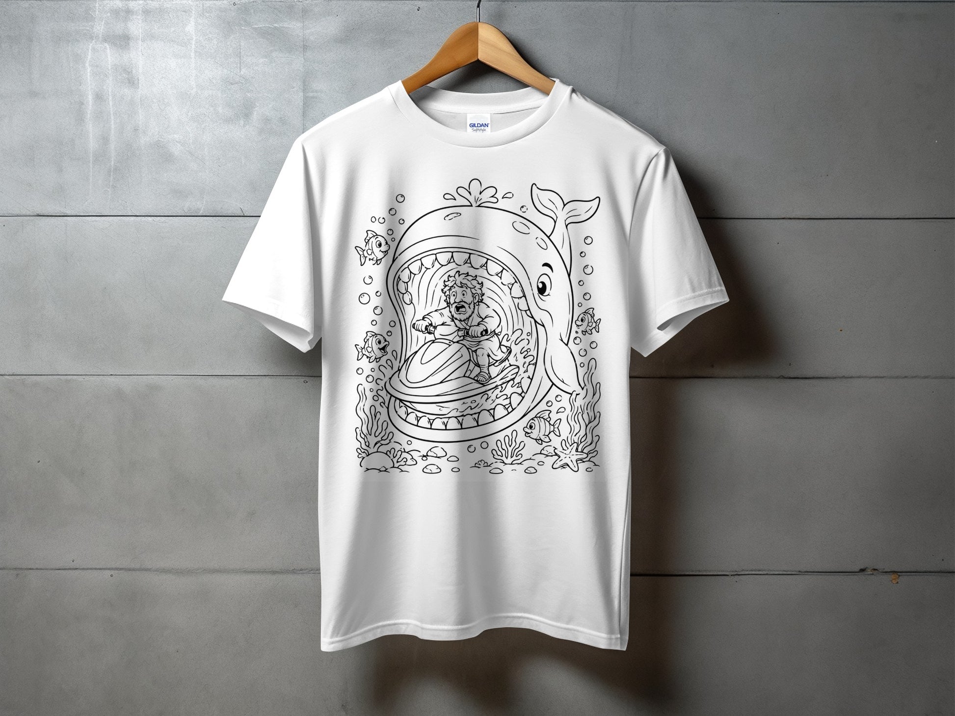 White t-shirt with cartoon graphic of man on jet ski inside a whale's mouth.