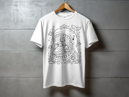 White t-shirt with cartoon graphic of man on jet ski inside a whale's mouth.