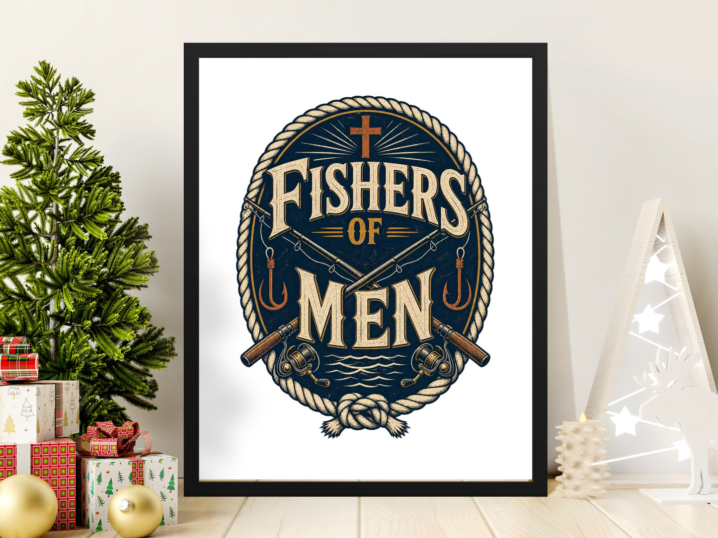 Embroidery design with fishing rods, reels, hooks, rope, and "Fishers of Men" text.