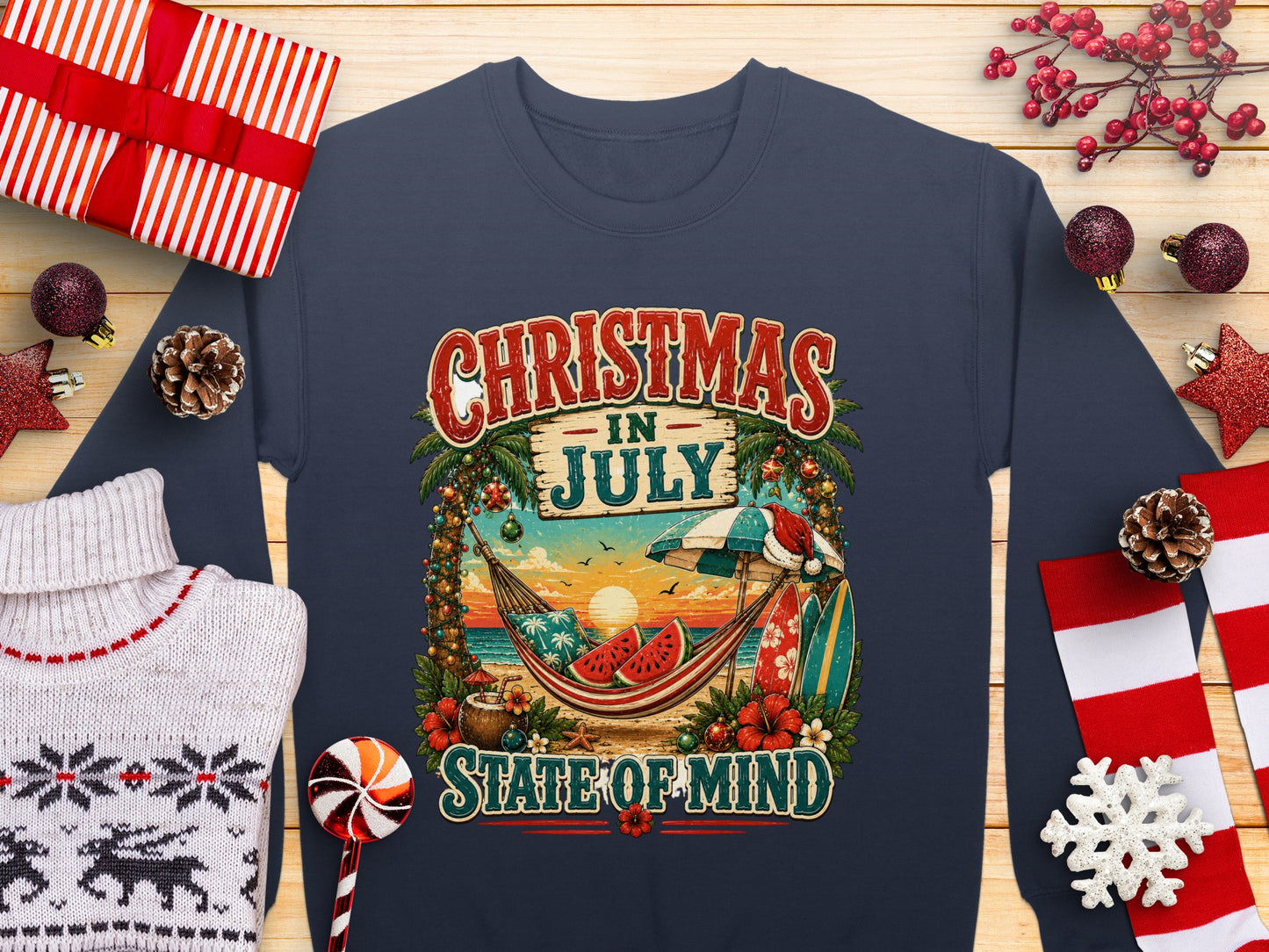 Christmas in July State of Mind graphic on a navy sweatshirt with beach scene.