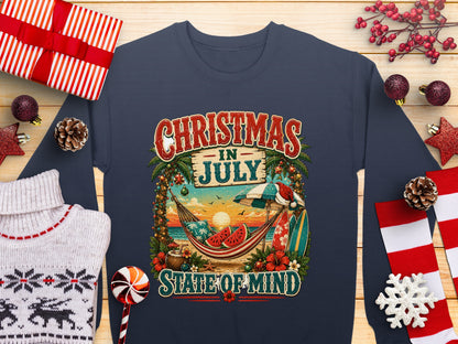 Christmas in July State of Mind graphic on a navy sweatshirt with beach scene.