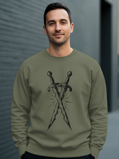 Man wearing olive green sweatshirt with crossed swords graphic.