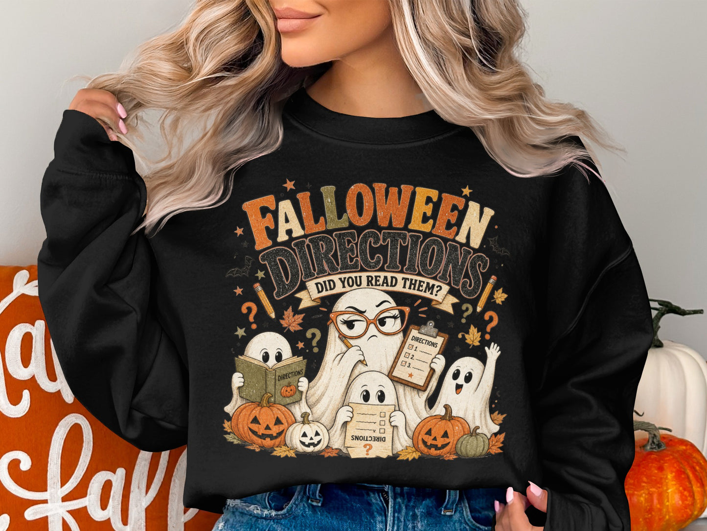 "Falloween Directions Did You Read Them?" text with ghosts, pumpkins, and leaves.