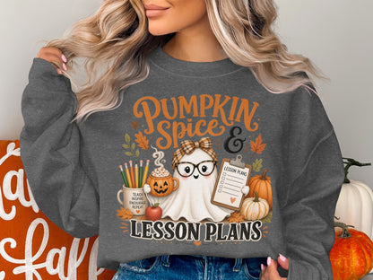 Ghost with glasses and bow holding lesson plans clipboard, text reads Pumpkin Spice and Lesson Plans.