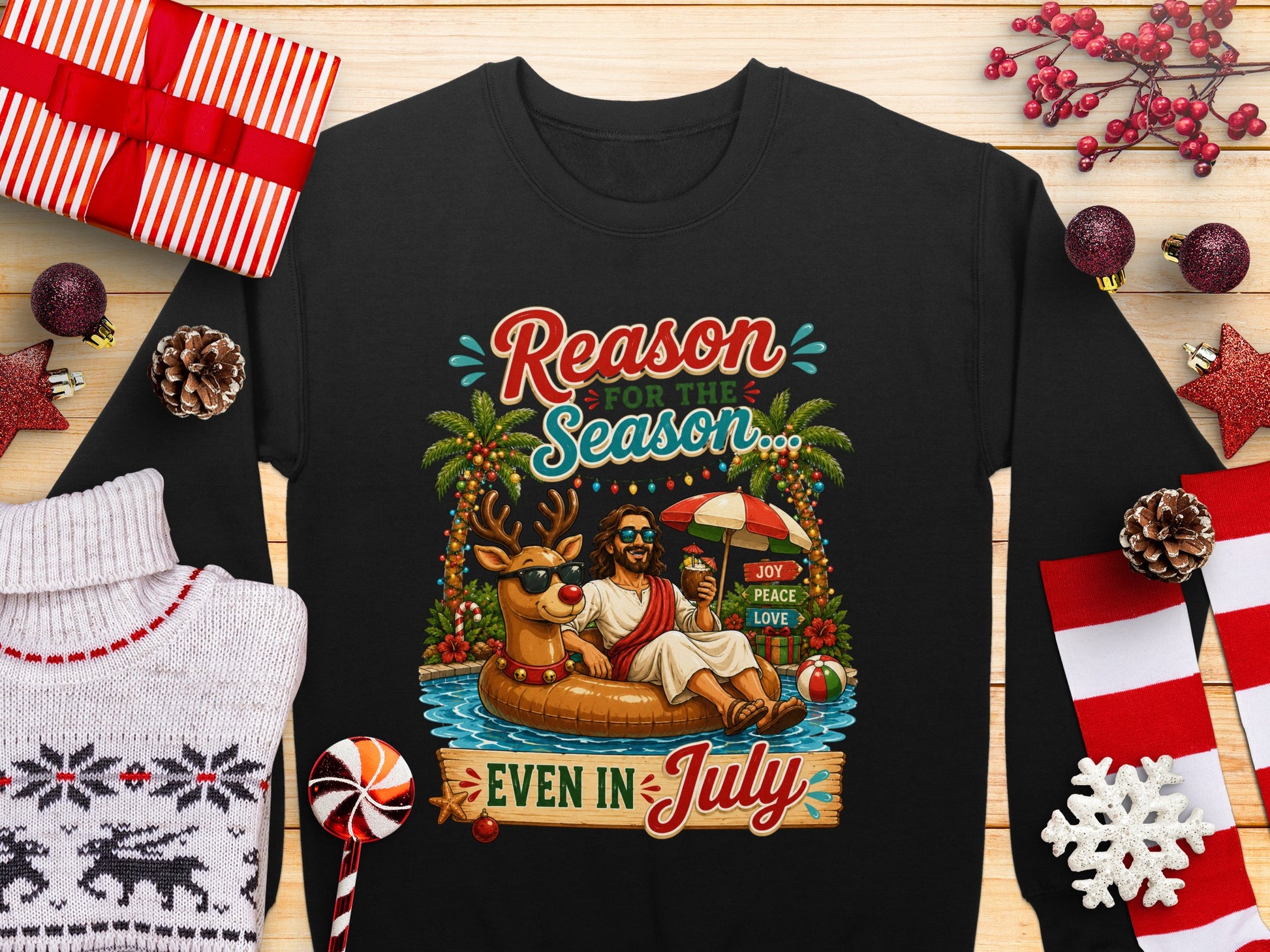 Jesus on a float with "Reason for the Season Even in July" text.