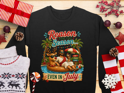Jesus on a float with "Reason for the Season Even in July" text.