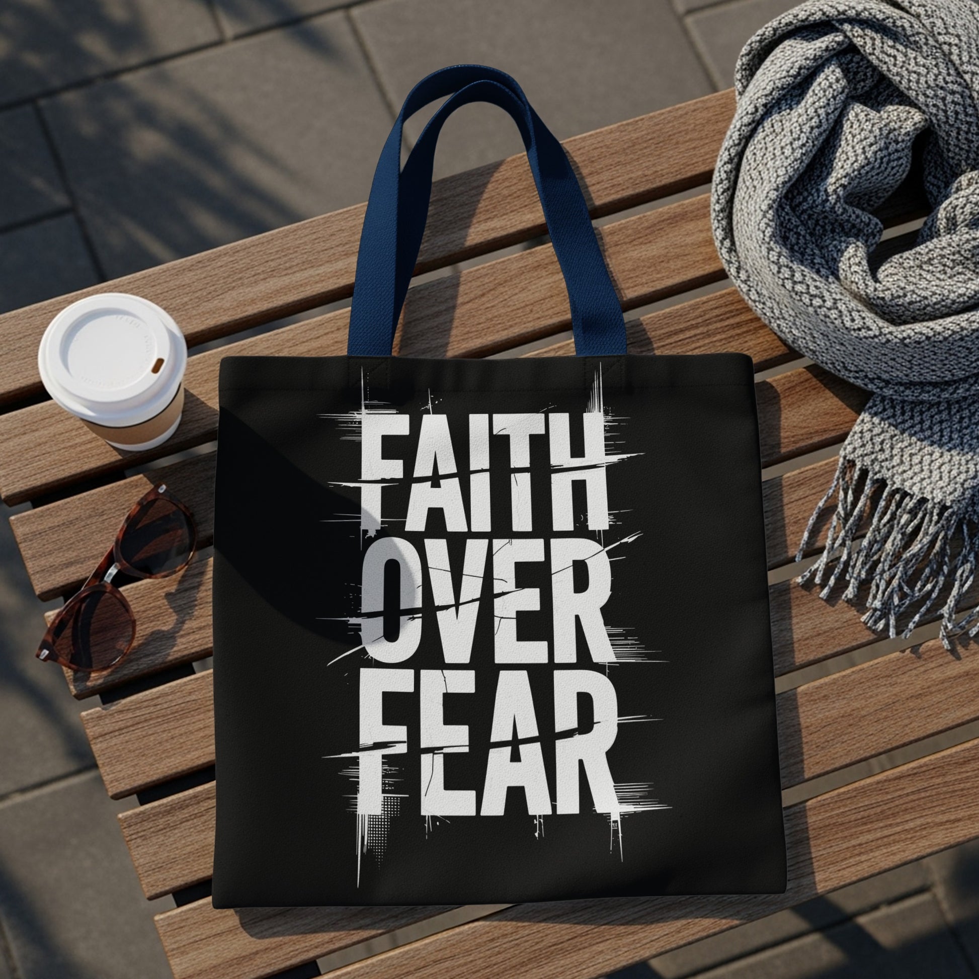 Black tote bag with white text "FAITH OVER FEAR" on a wooden bench.
