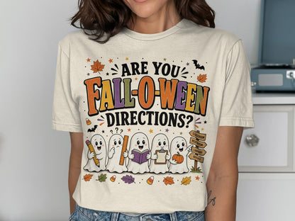 Ghosts holding school supplies under "Are you Fall-O-ween Directions?" text.