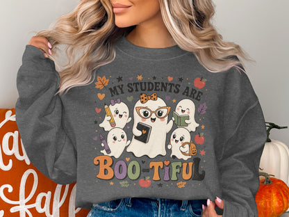 Gray sweatshirt with ghosts and "My Students Are Boo-tiful" text.