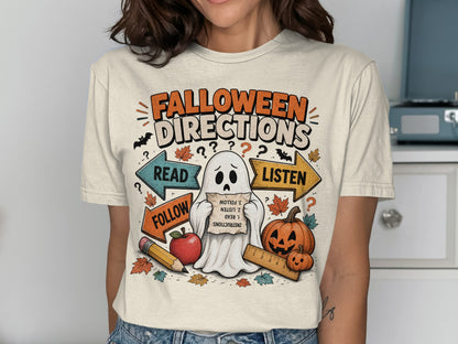 Ghost with "Falloween Directions" text and directions to read, listen, and follow.
