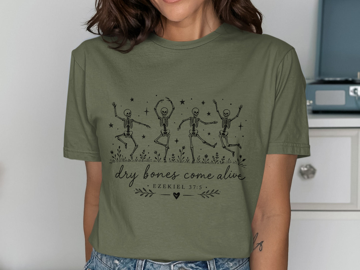 Dancing skeletons with "dry bones come alive" and Ezekiel 37:5 text.
