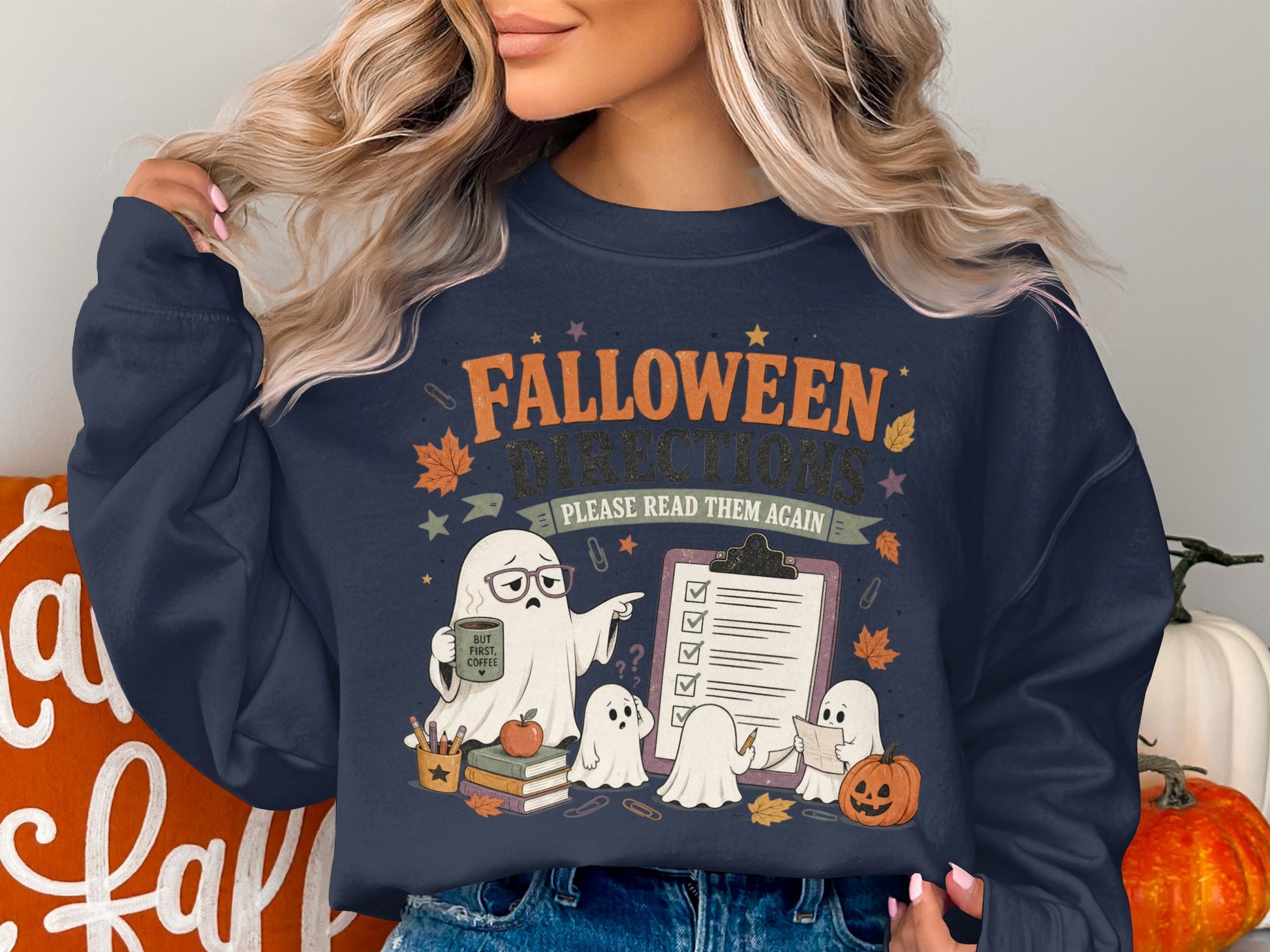 "Falloween Directions Please Read Them Again" graphic with ghosts and Halloween motifs.