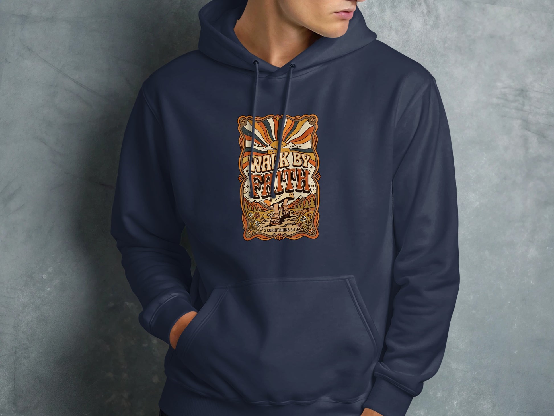 Navy blue hoodie with "Walk by Faith" and 2 Corinthians 5:7 graphic.