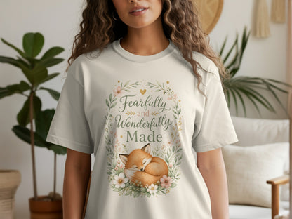 Cream t-shirt with watercolor fox, flowers, and text "Fearfully and Wonderfully Made".
