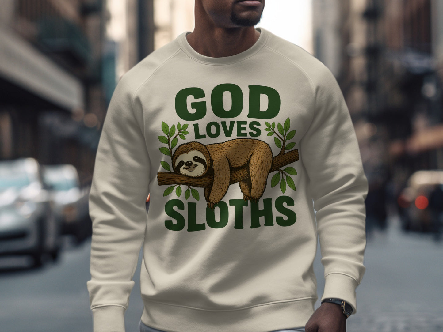 Cream sweatshirt with "God Sloths" text and a sloth on a branch graphic.