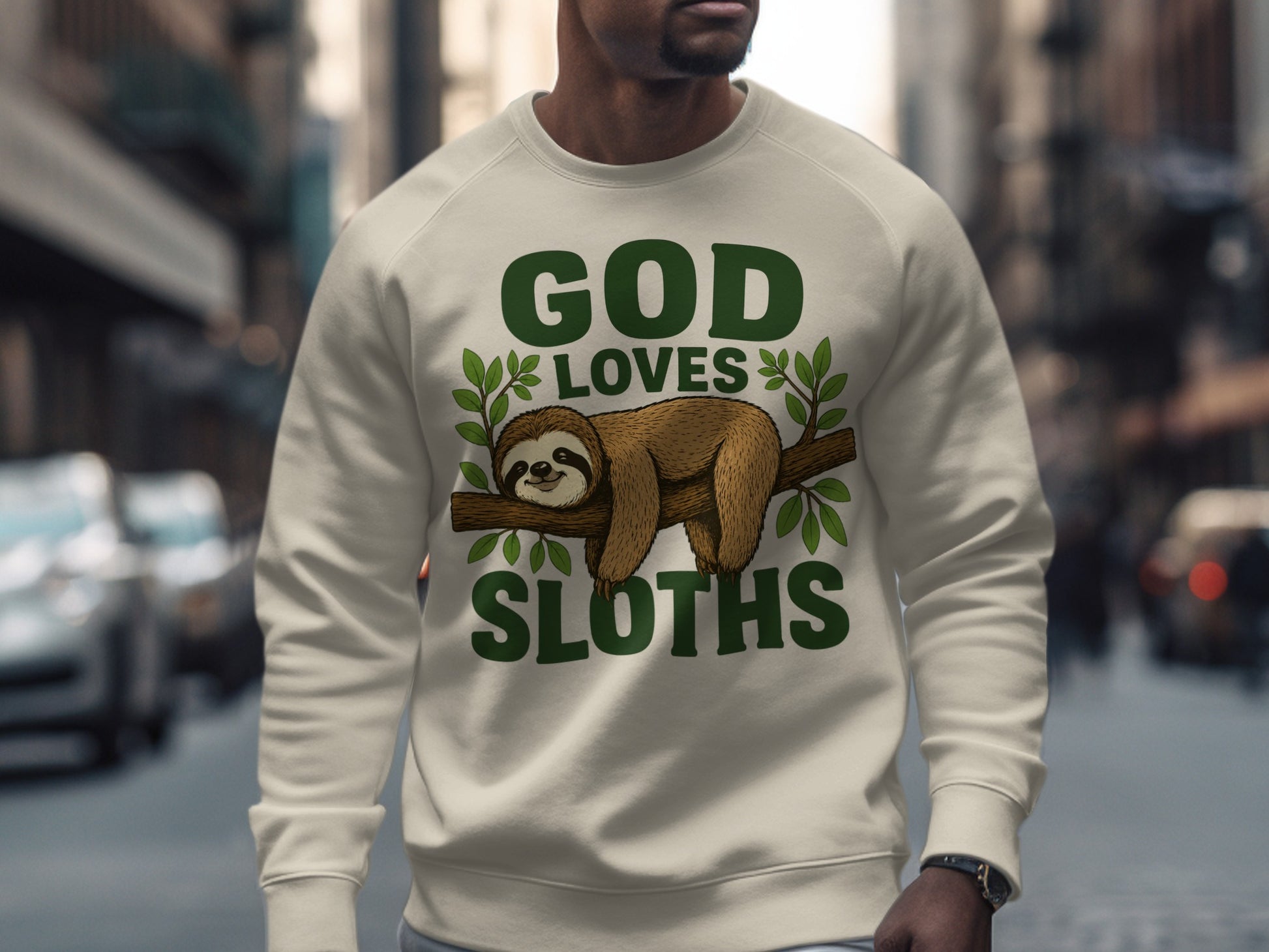 Cream sweatshirt with "God Sloths" text and a sloth on a branch graphic.
