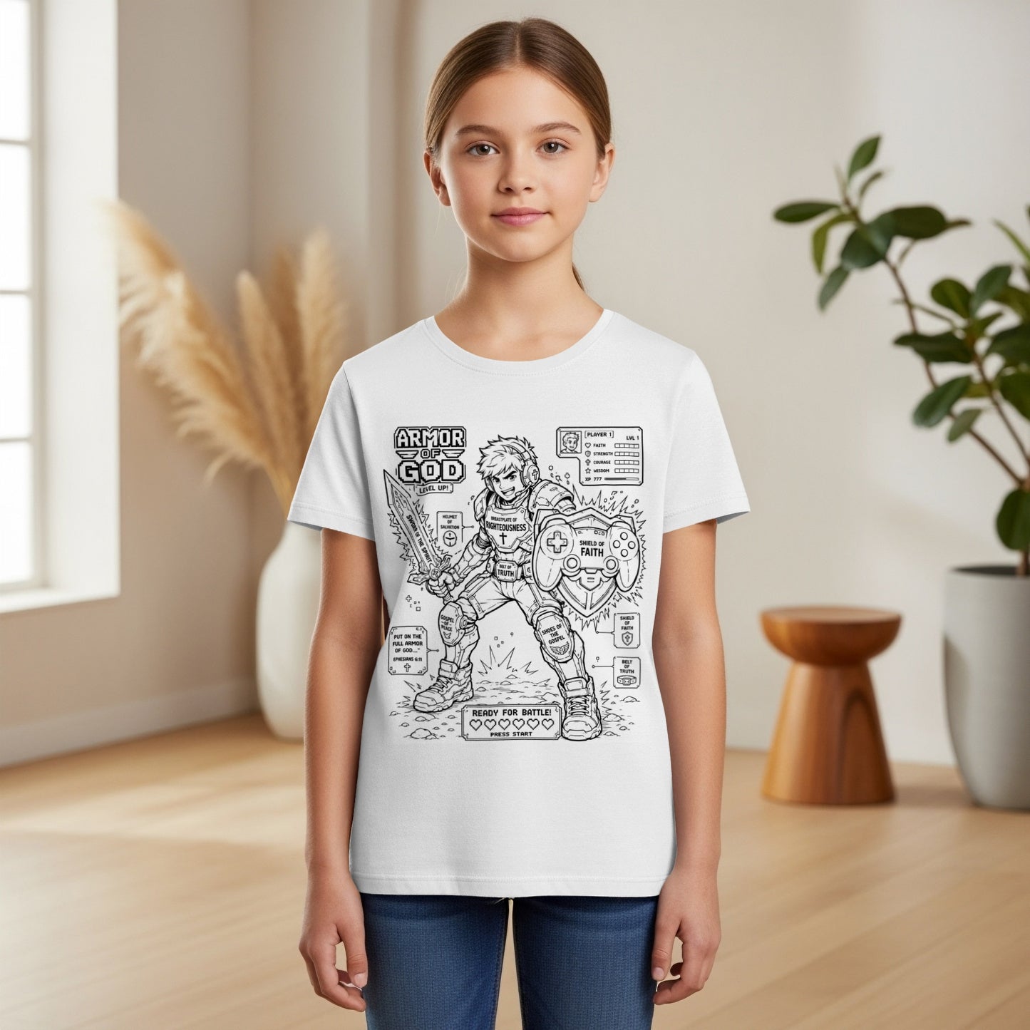 Child wearing a white t-shirt with "Armor of God" text and warrior graphics.