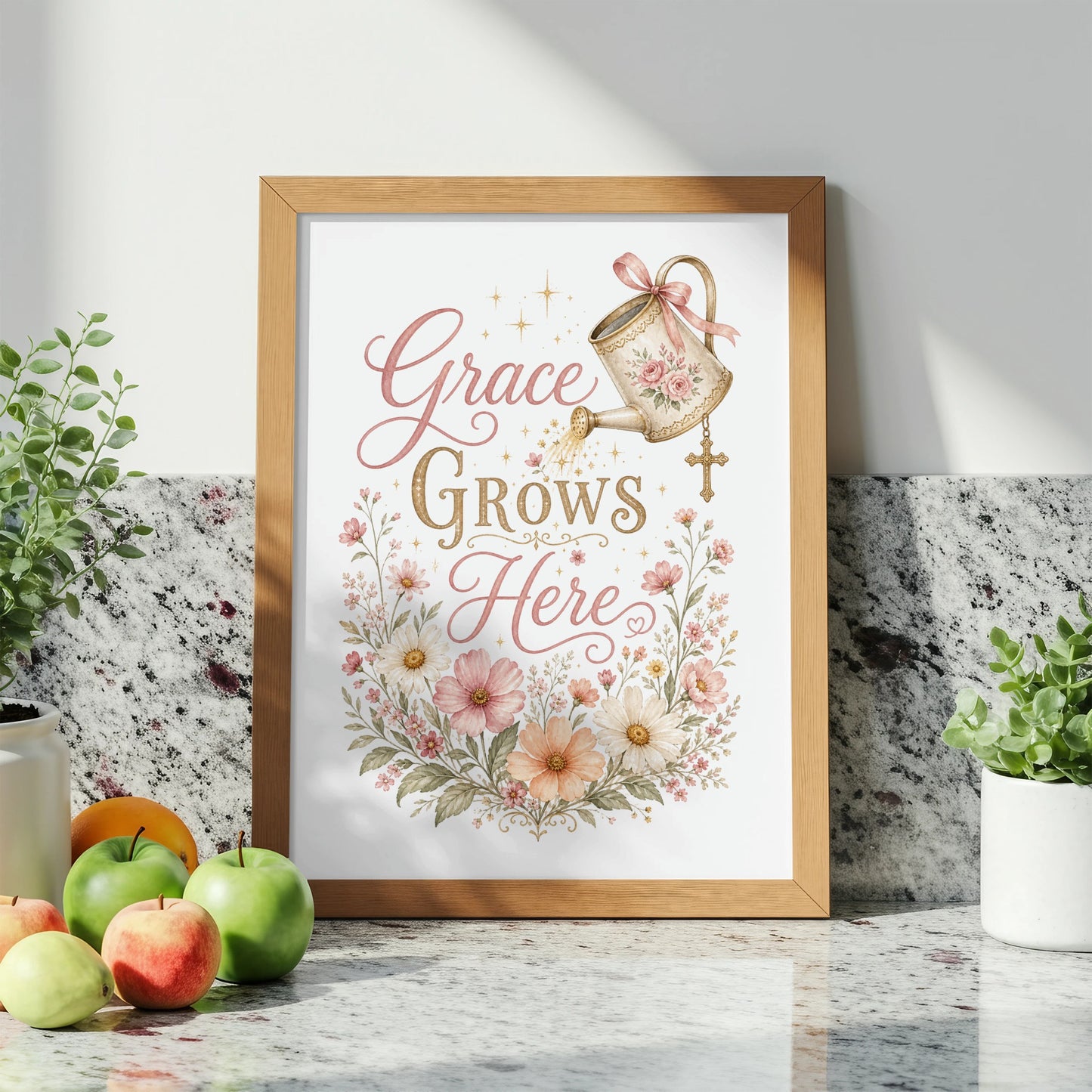 Framed print with text "Grace Grows Here" and floral watercolor design.