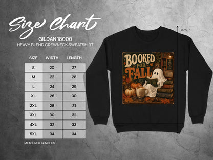 Gildan 18000 size chart for heavy blend crewneck sweatshirt with fall ghost graphic.