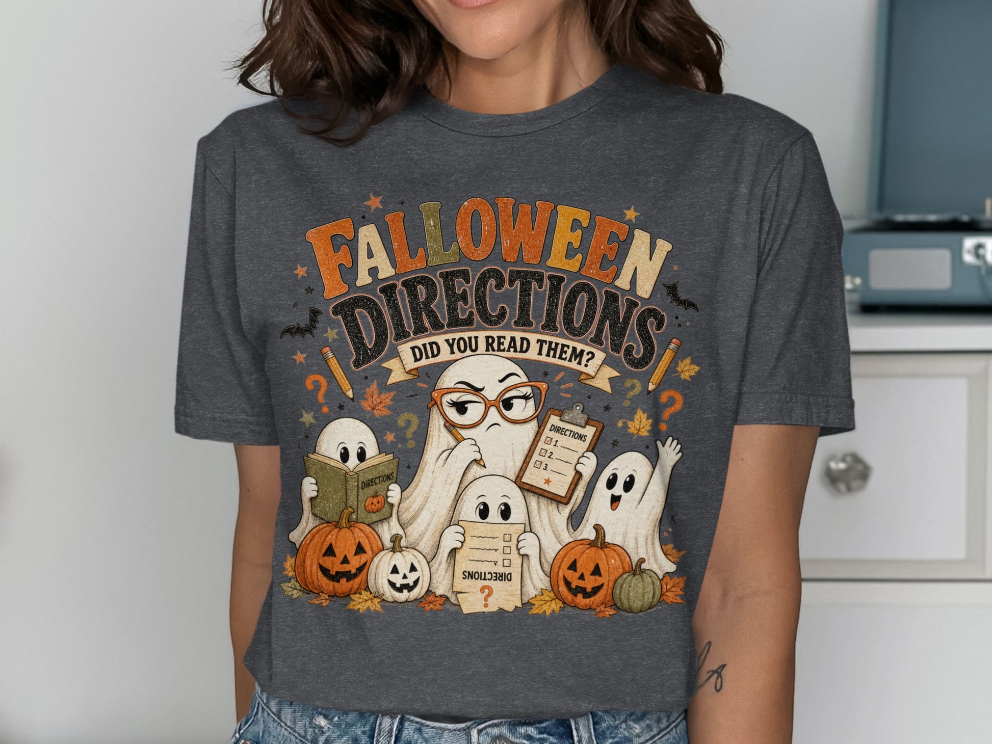 Halloween t-shirt with ghosts, pumpkins, and text "Falloween Directions Did You Read Them?".