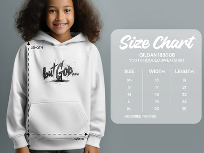 Youth size chart for Gildan 18500B hooded sweatshirt with measurements.