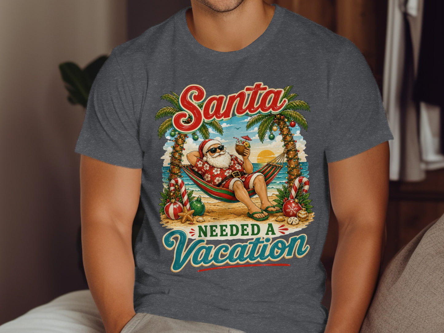 Santa needed a vacation graphic on a dark gray t-shirt.