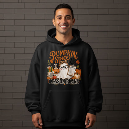 Black hoodie with a ghost wearing glasses and holding lesson plans.