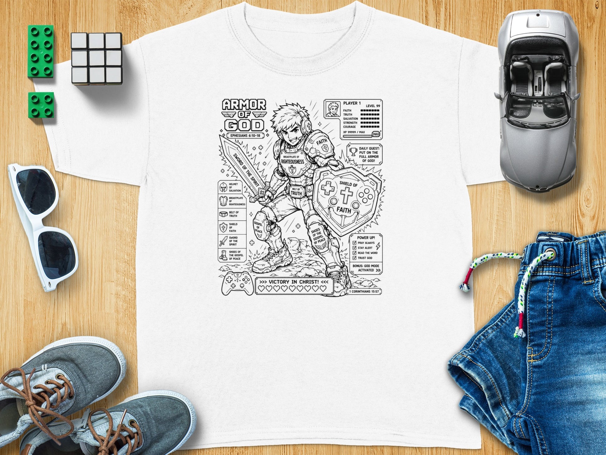 Children's t-shirt graphic illustrating the Armor of God with labels and Bible verses.