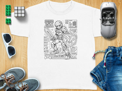 Children's t-shirt graphic illustrating the Armor of God with labels and Bible verses.