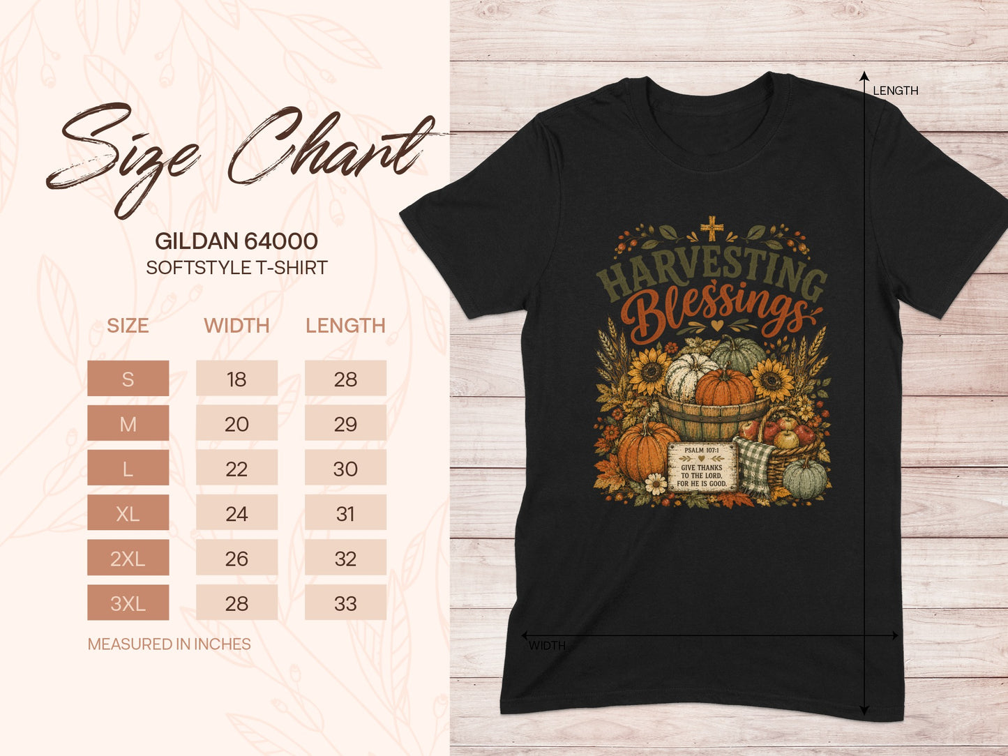 Gildan 64000 t-shirt size chart and "Harvesting Blessings" t-shirt.