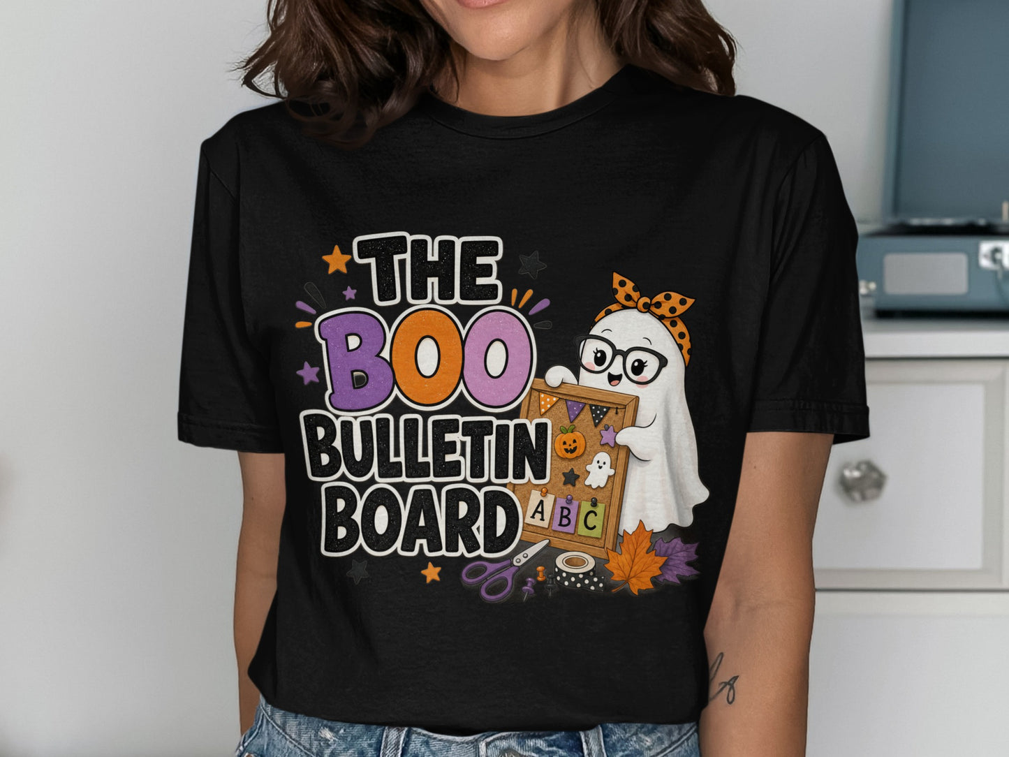 "The Boo Bulletin Board" text with a cute ghost holding a bulletin board.