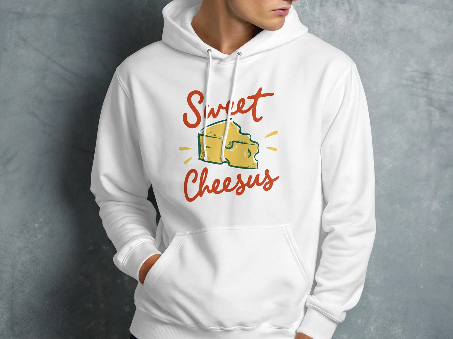 White hoodie with "Sweet Cheesus" text and cheese illustration.