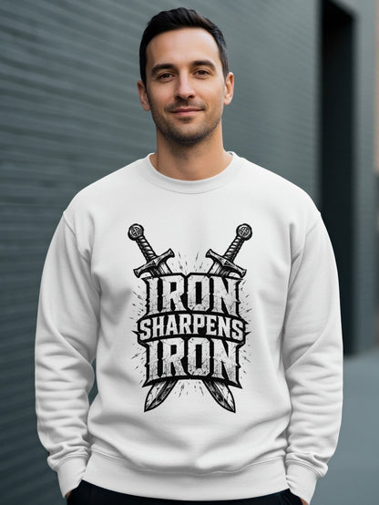 White sweatshirt with "Iron Sharpens Iron" text and crossed swords graphic.