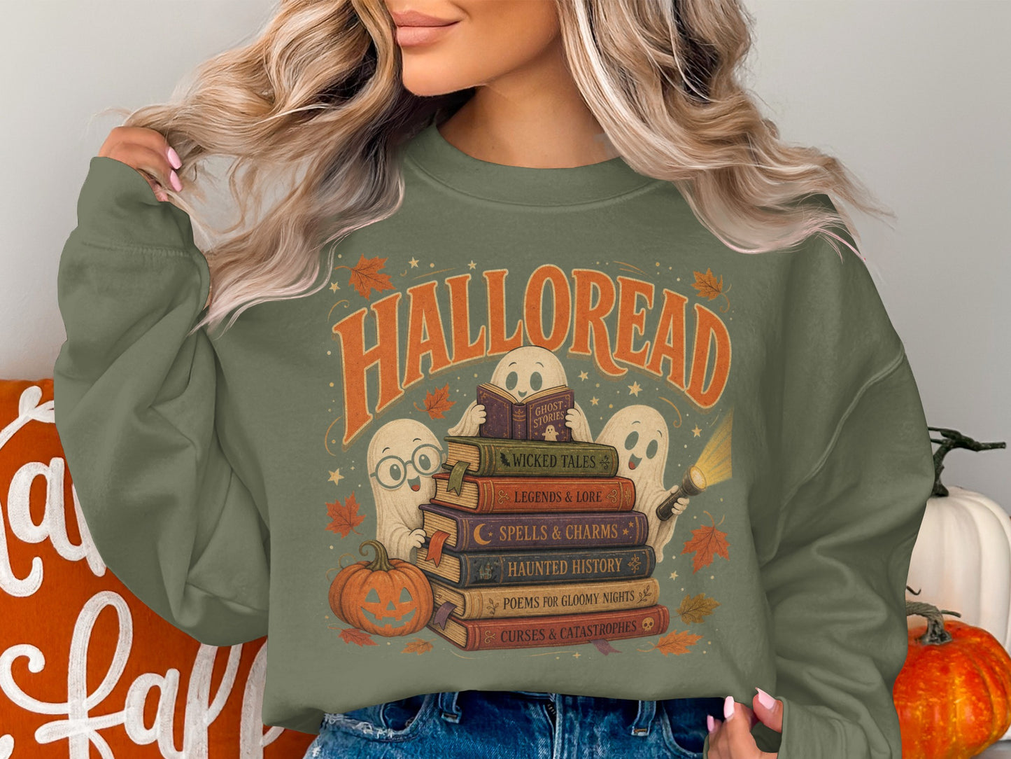 Ghosts reading books with "Halloread" text, pumpkins, and fall leaves.