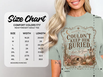 Comfort Colors 1717 size chart for heavyweight adult tee with graphic.