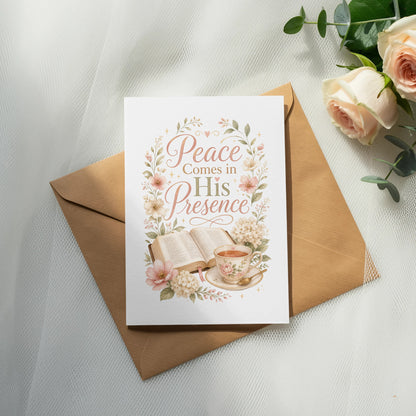 Greeting card with "Peace Comes in His Presence" text, an open book, and a teacup.