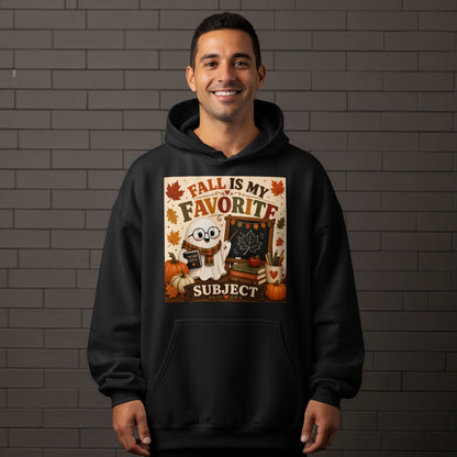 Cute ghost with book and pumpkins, wearing scarf, with "FALL IS MY FAVORITE SUBJECT" text.