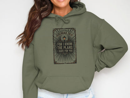 Green hoodie with "Jeremiah 29:11 For I know the plans I have for you" text.