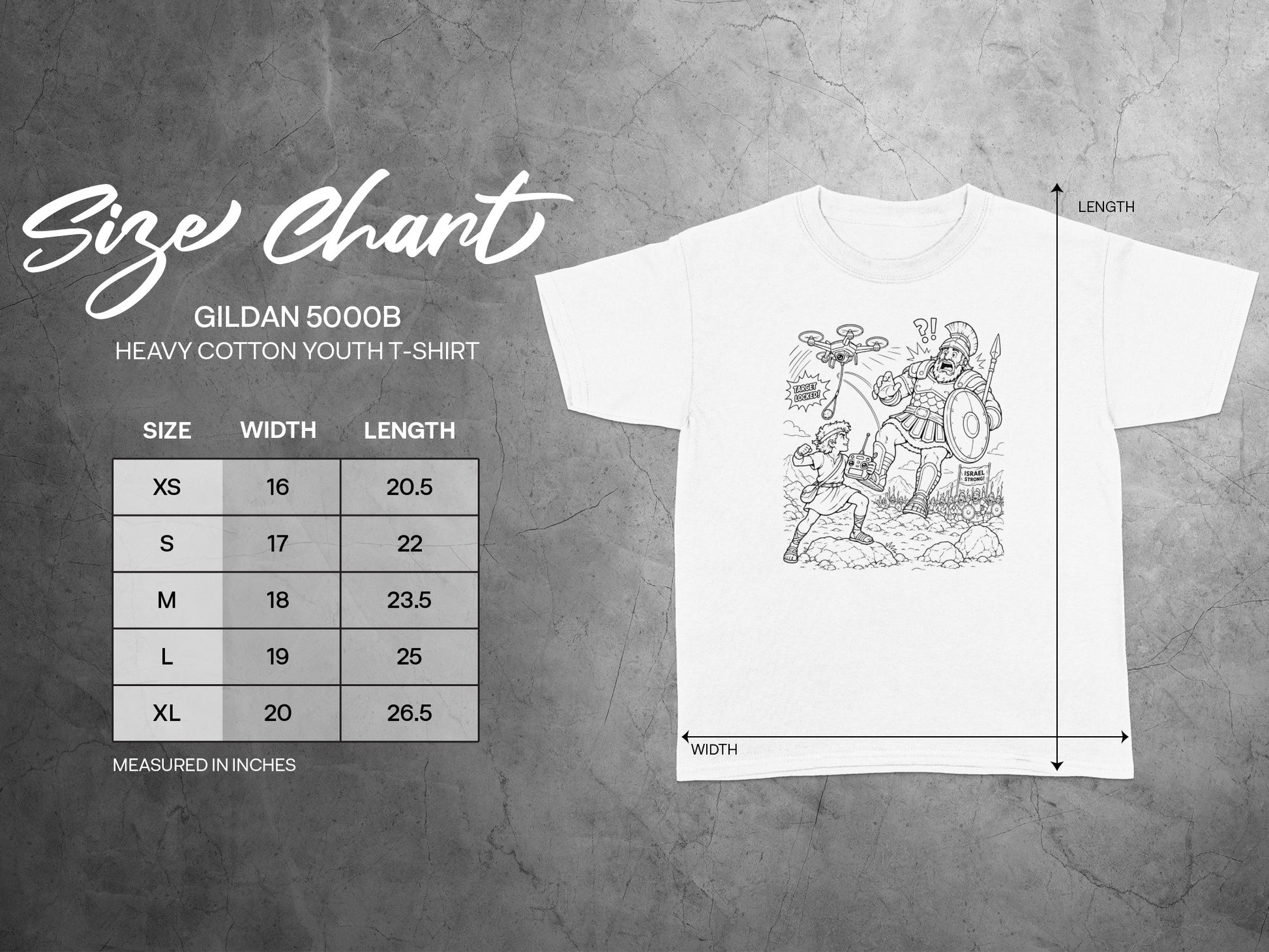 Gildan 5000B youth t-shirt size chart with measurements.