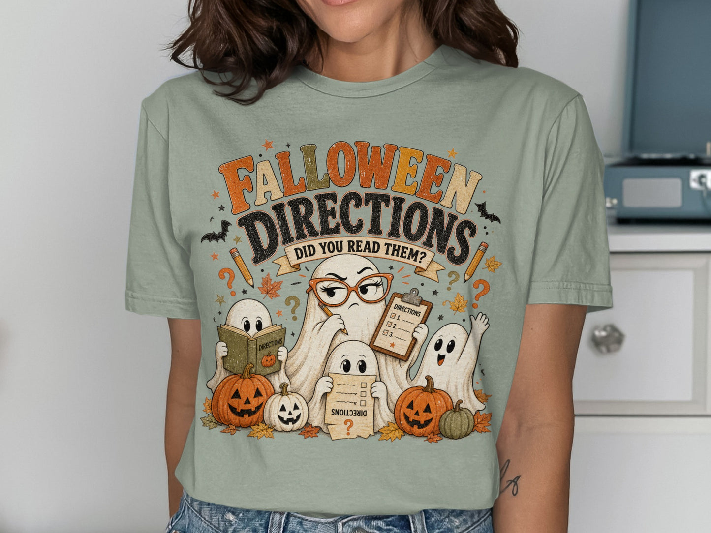 Halloween ghosts with pumpkins read "Falloween Directions Did You Read Them?"