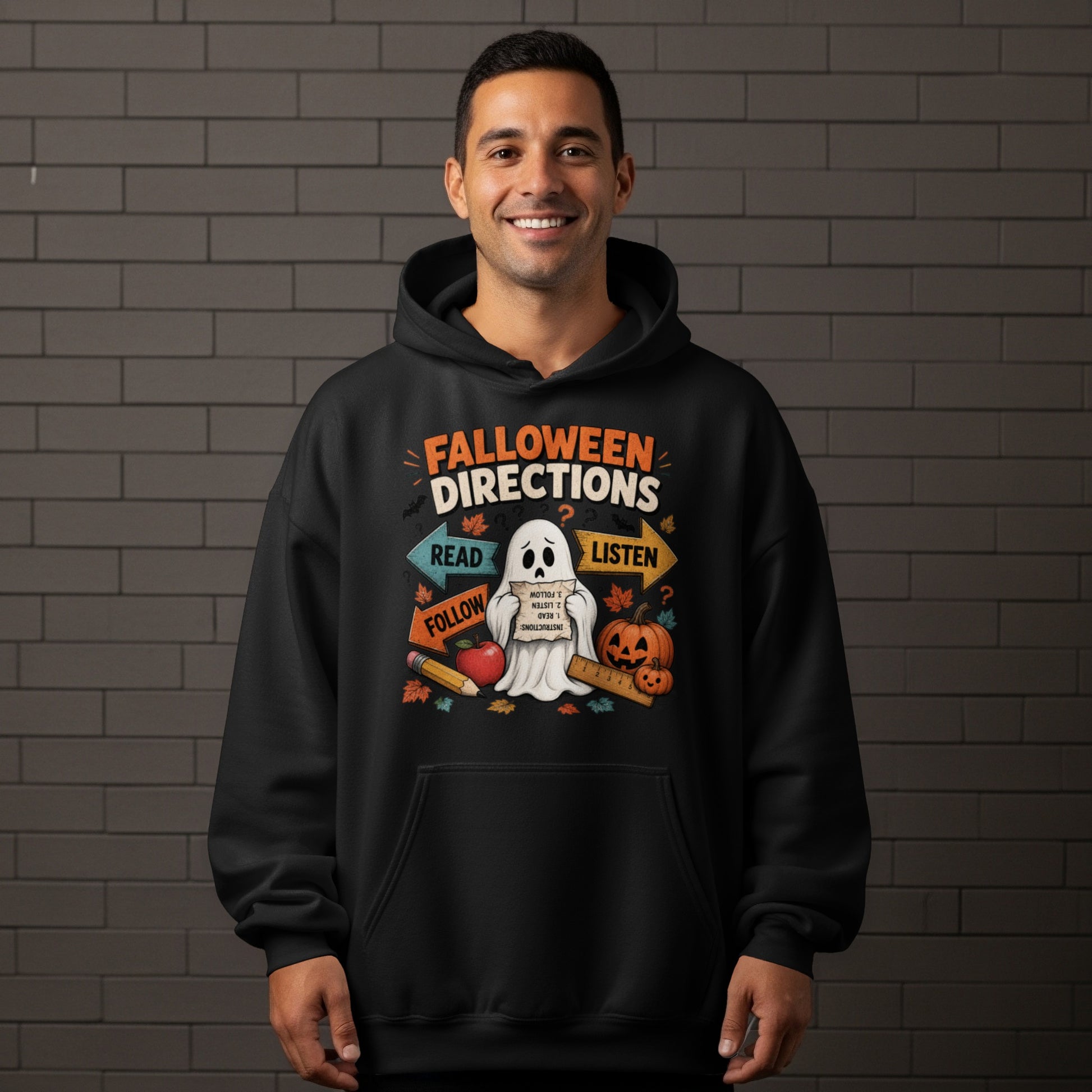 Black hoodie with Halloween-themed graphic of a ghost, pumpkins, and directional signs.