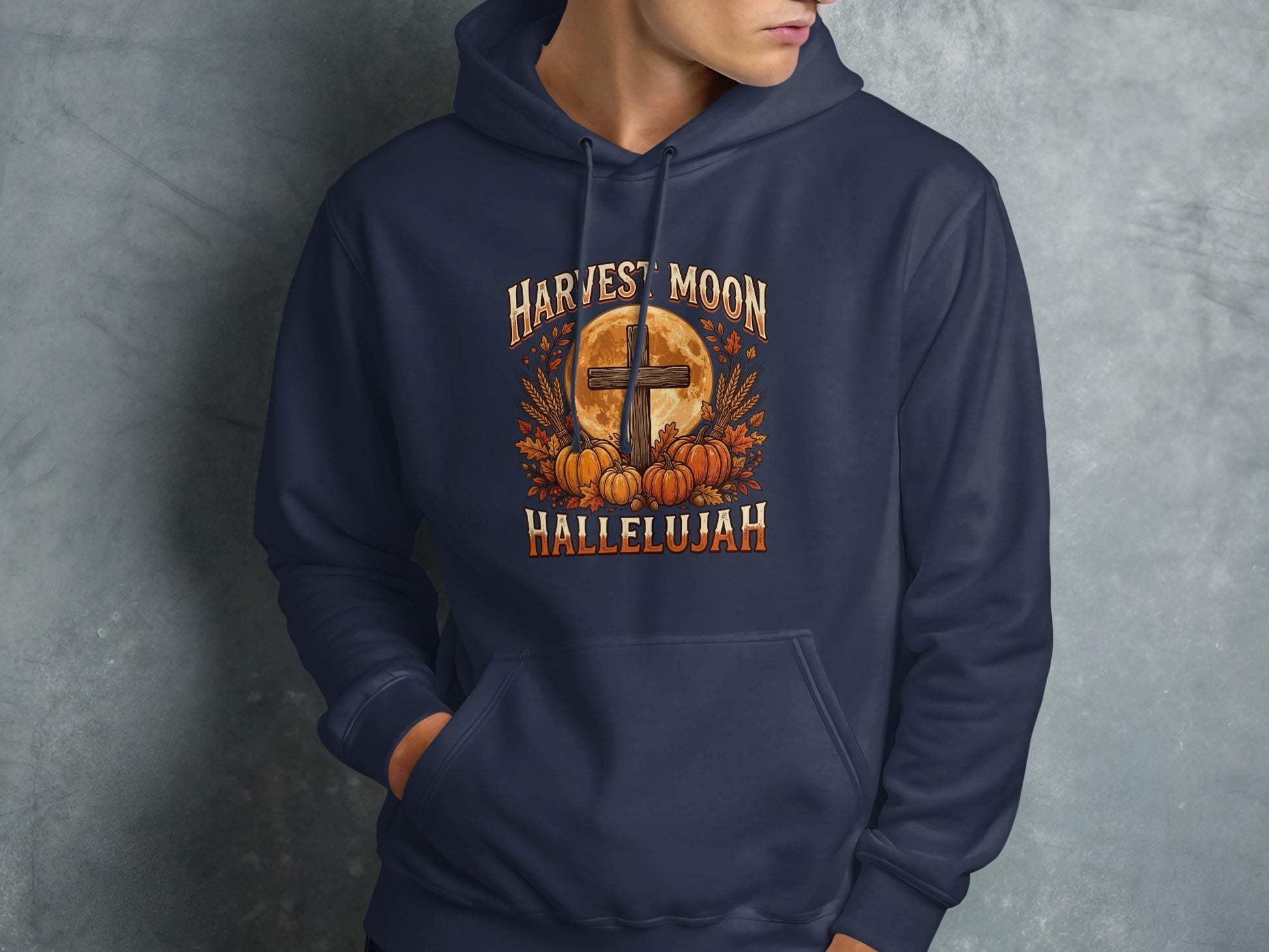 Navy hoodie with Harvest Moon Hallelujah and cross graphic.