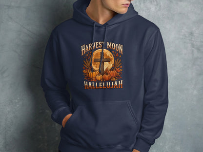 Navy hoodie with Harvest Moon Hallelujah and cross graphic.