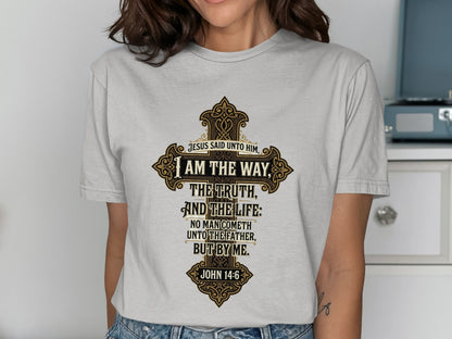 T-shirt with John 14:6 Bible verse in ornate cross design.