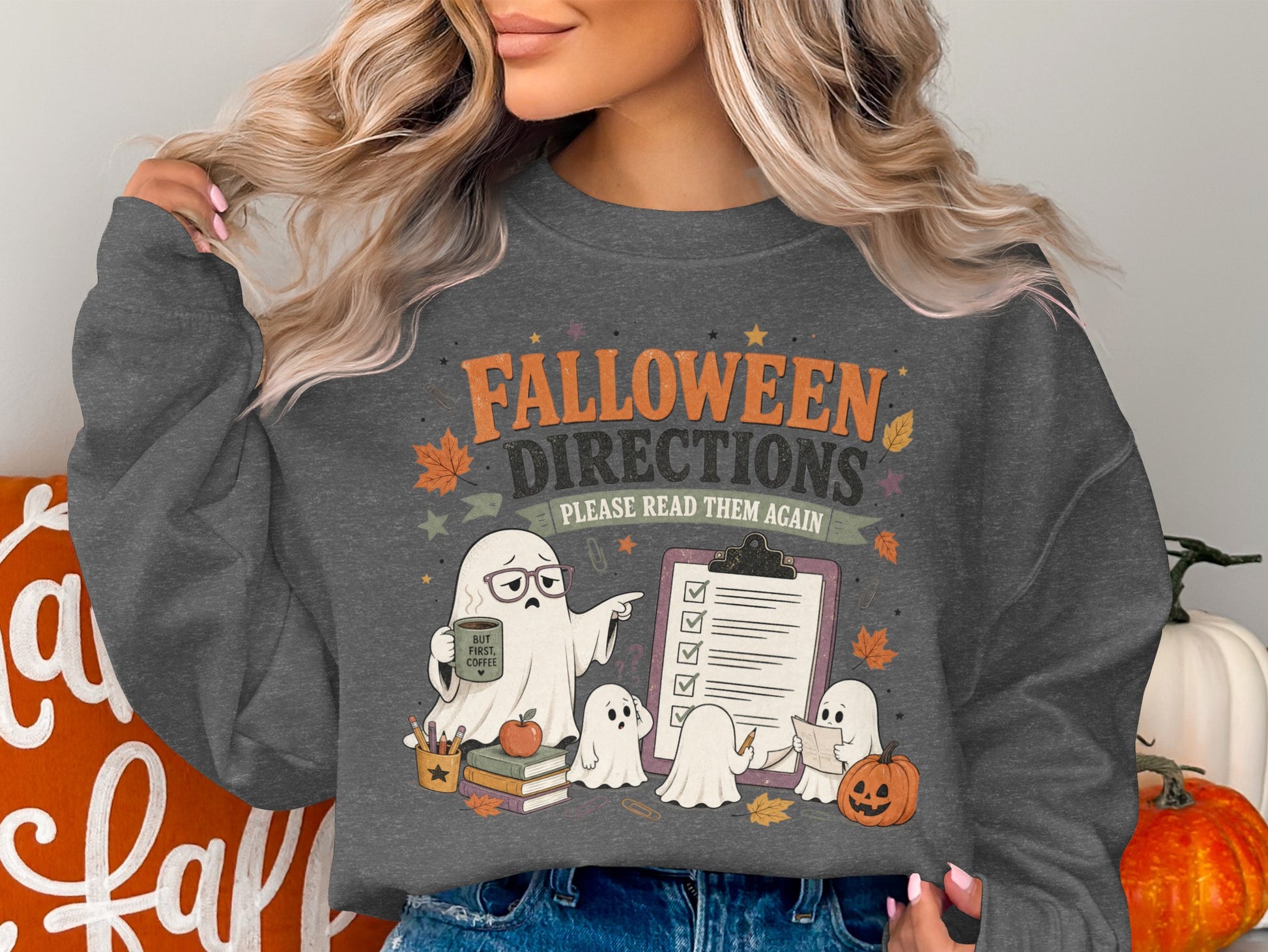 "Falloween Directions Please Read Them Again" text with ghosts and Halloween elements.