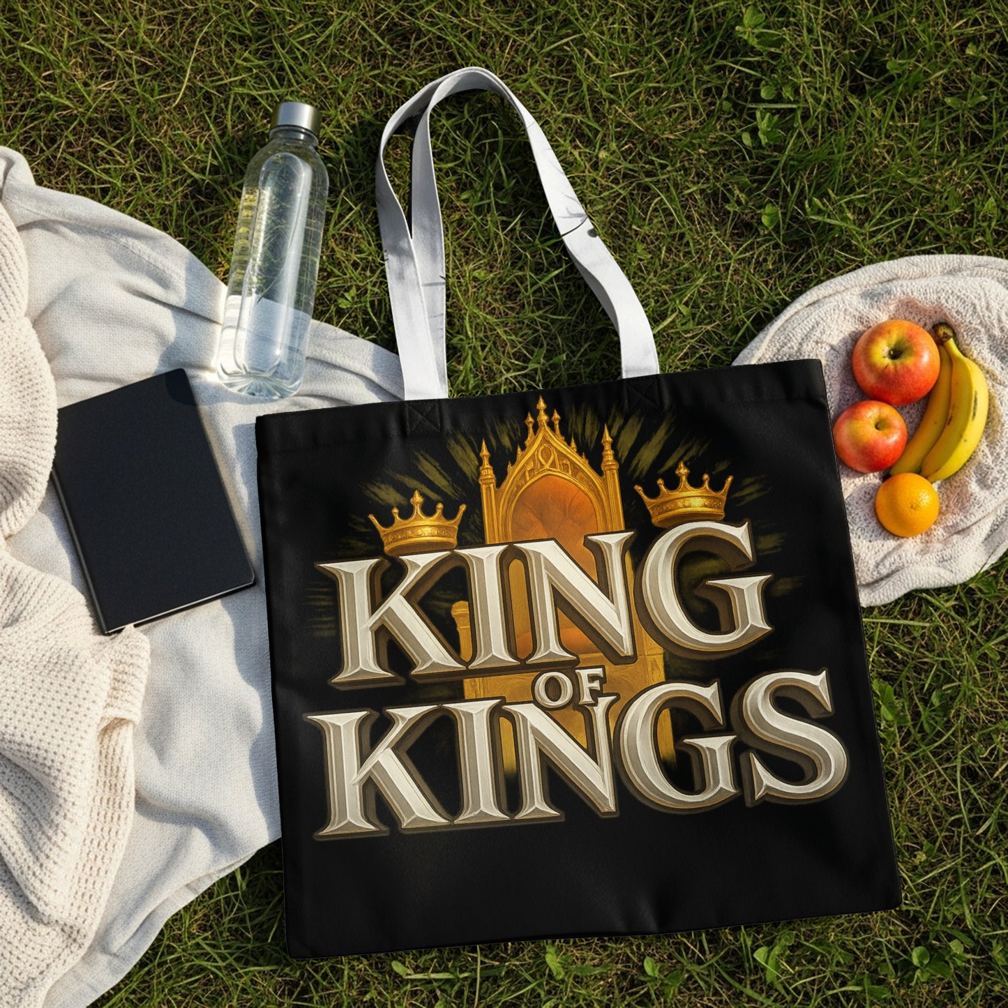 Black tote bag with "King of Kings" text and a golden throne graphic.