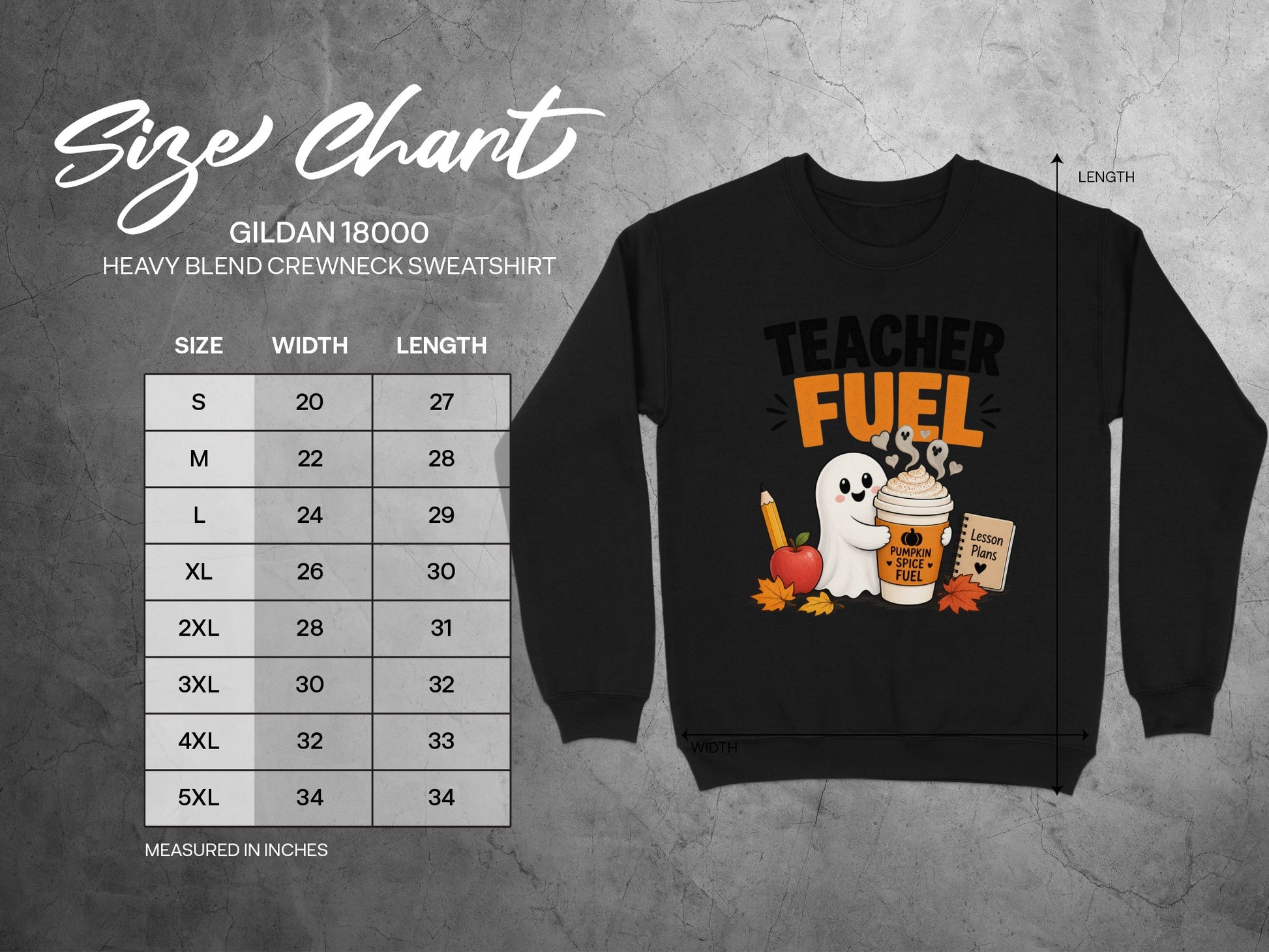 Gildan 18000 heavy blend sweatshirt size chart with ghost graphic.