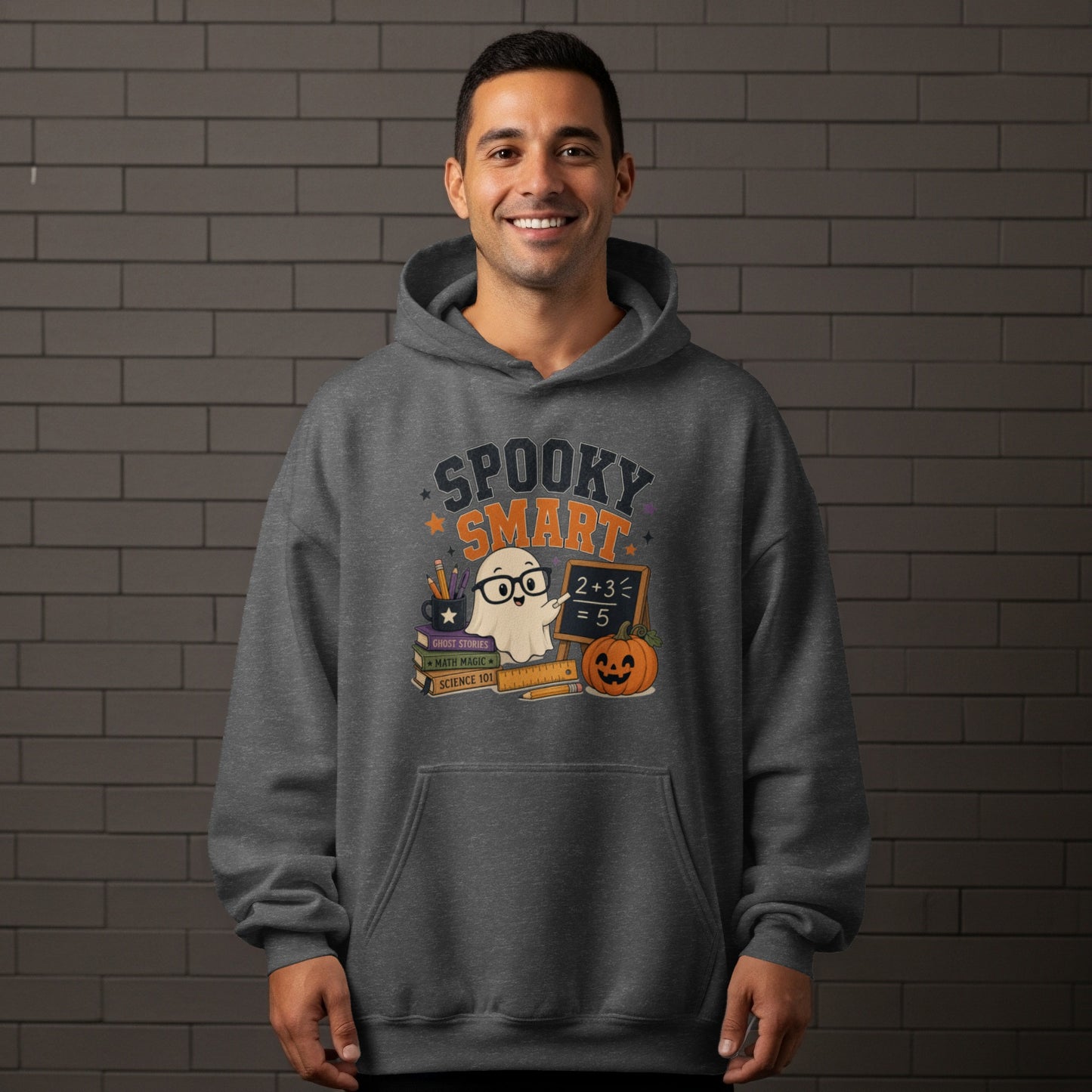 Dark grey hoodie with "Spooky Smart" text and a ghost, books, and pumpkin graphic.