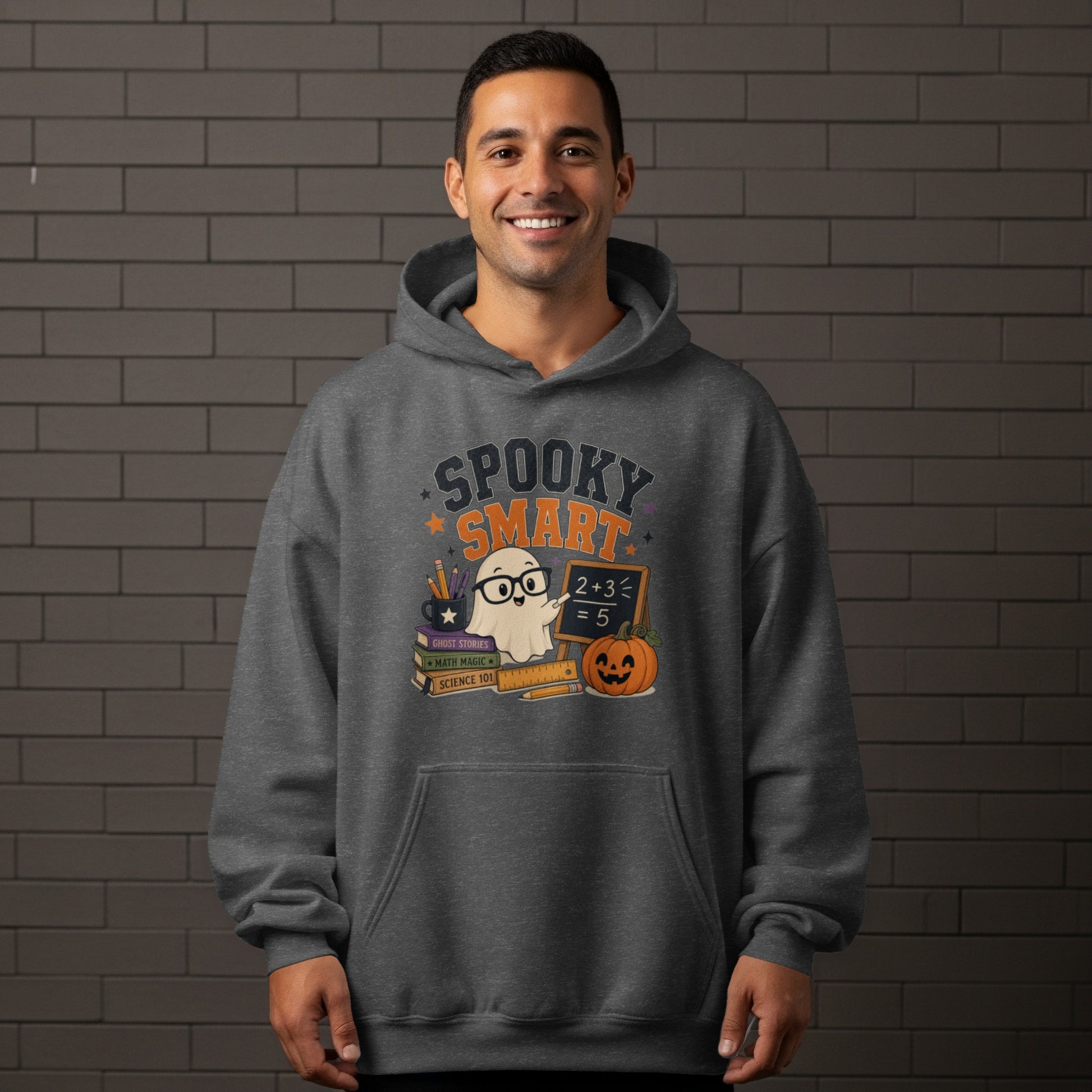 Dark grey hoodie with "Spooky Smart" text and a ghost, books, and pumpkin graphic.